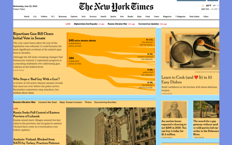 The New York Times uses a hierarchical grid to achieve its newspaper-like reading experience. (We highlighted the columns in yellow, the gutters in blue, and the margins in purple.)